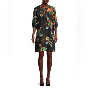 JOHNNY WAS Zorya Printed Floral Silk Mini Dress Black Puff Sleeve Size Medium